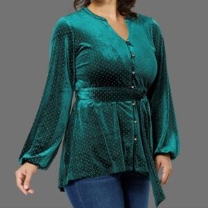 NWOT Emerald Green‎ Velvet Button-Up Top